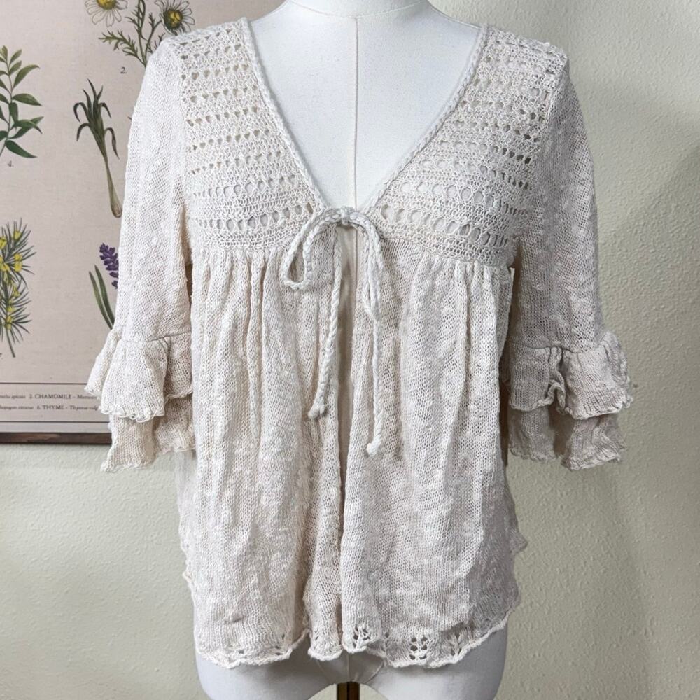 Y2k Crochet Tie Front Ruffle Babydoll Cardigan Dolly Fairy Coquette Romantic S